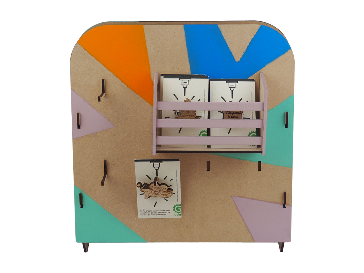 présentoir à broches recto verso avec des petites caissettes ajustables en bois peint en couleur