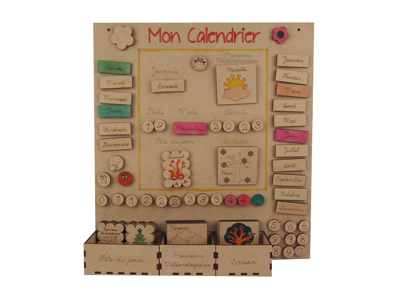calendrier perpetuel en bois avec différents compartiments de rangement, colorier en couleur